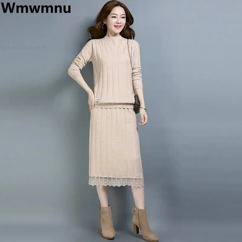 

Thick Lace Knitted Skirt 2 Piece Set Casual O-neck Tops + Loose Midi Faldas Conjuntos Elegant Knitwears Bottoming Skirts Suit
