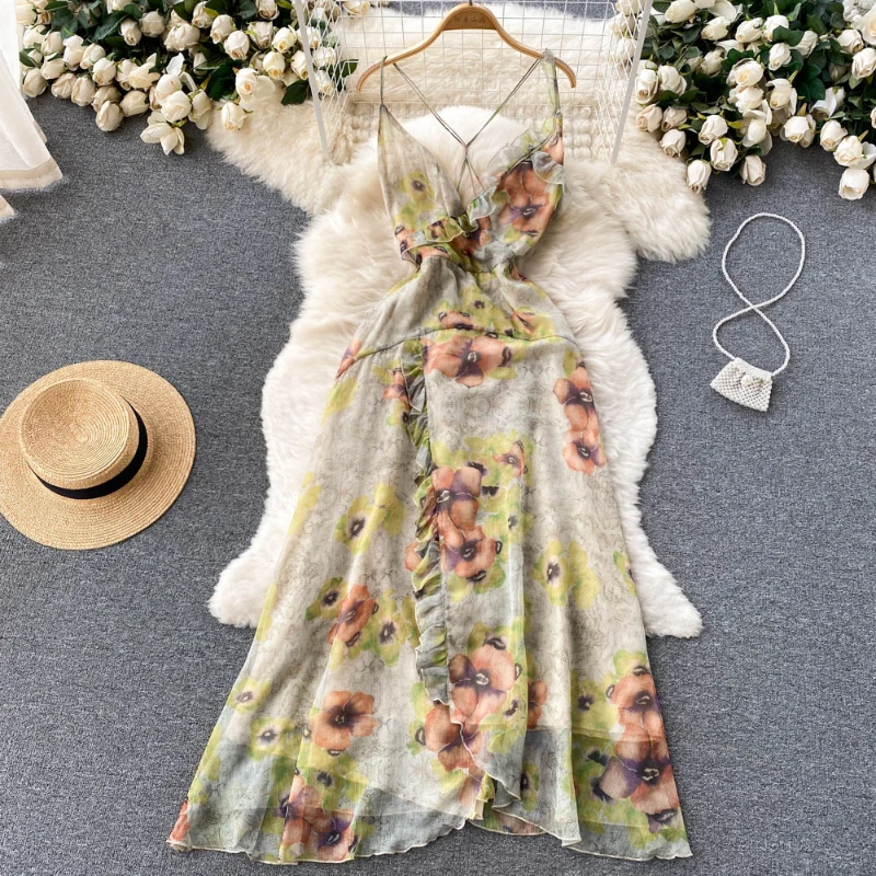 

Summer Floral Spaghetti Strap Split Long Chiffon Dress Backless Sexy Fungas Chiffon Dress