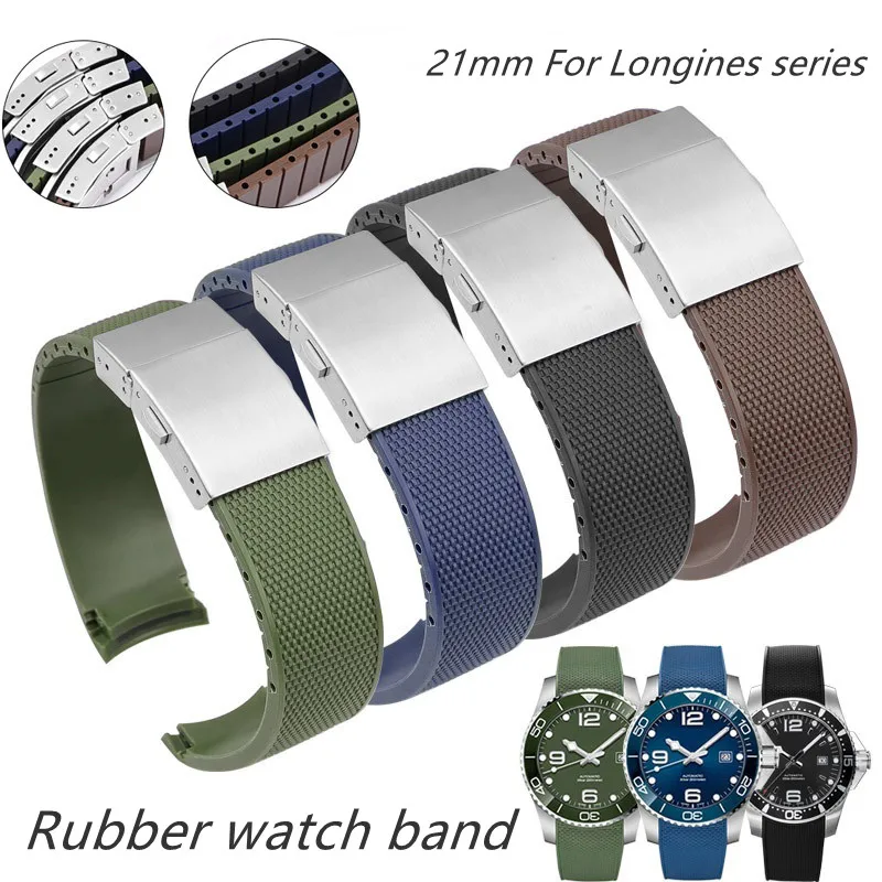 

21mm Rubber watch strap Sports diving watch band Folding buckle bracelet for Longines HYDROCONQUEST series L3.742 642 781 782