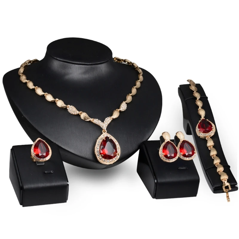 

Wedding Bridal Jewelry Set Red Gemstone Pendant Necklace Earring Bracelet Ring