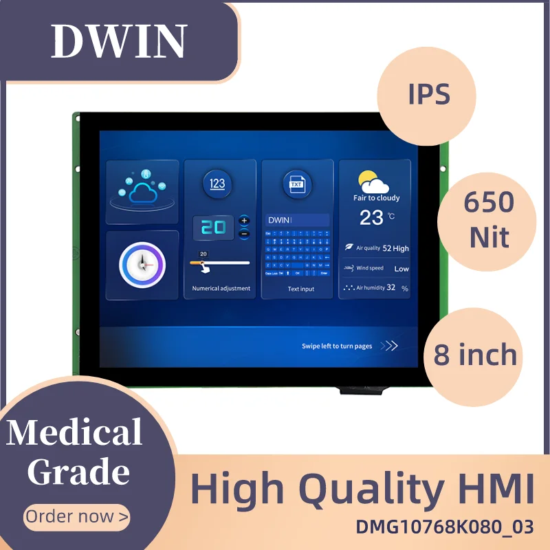 DWIN 8'' 1024*768 Medical Grade HMI Touch Screen RS232 RS485 High Brightness Display
