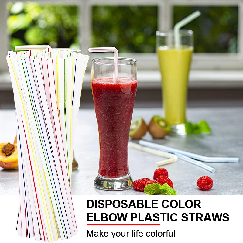

Disposable Elbow Plastic Drinking Straws Multi-Colored Striped Bendable Elbow Straw For Kitchenware Bar Party Event Color Random
