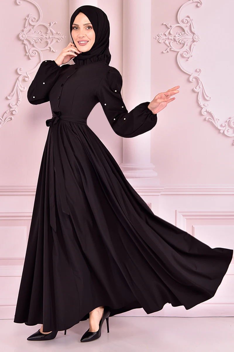 Черное платье с отделкой камнями ASM2467