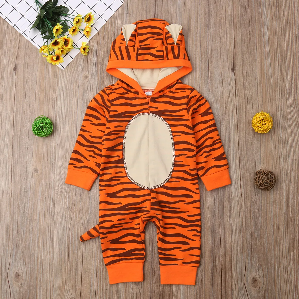 

Baby Boys Girls Cute Cartoon Tiger Romper Long Sleeve Hooded Jumpsuit 0-18M Newborn Infant Toddler Spring Fall Outfits Costume