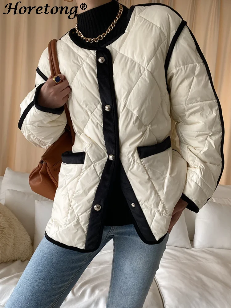 Horetong 90% White Duck Down Jacket Women Winter Elegant Chic Color Contrast Coat New Korean Fashion High Quality Warm Tops