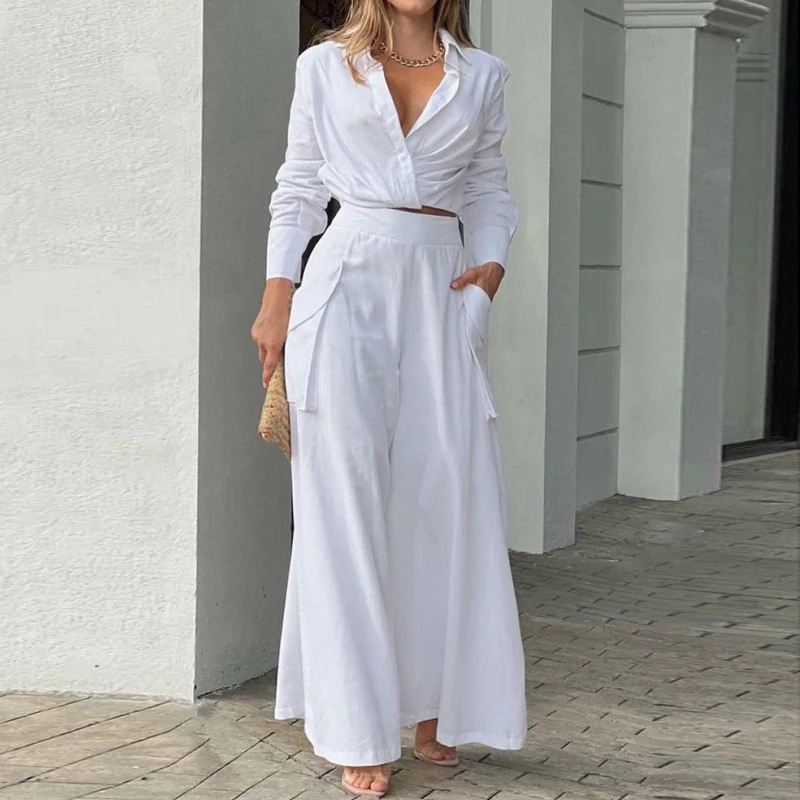 

Fashion Women Wide Leg Trousers Suits 2PCS Urban Tracksuit Summer Elegant OL Suits Female Loose Casual Pants Sets Outifits