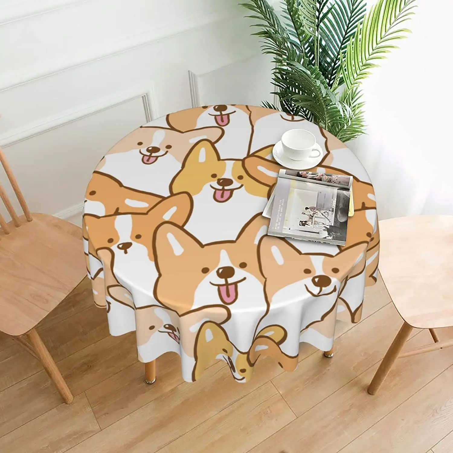 

Corgi Dog Boho Style Round Tablecloth Wrinkle-Resistant Water-Repellent Soft Bohemian Tablecloths for Restaurant and Family