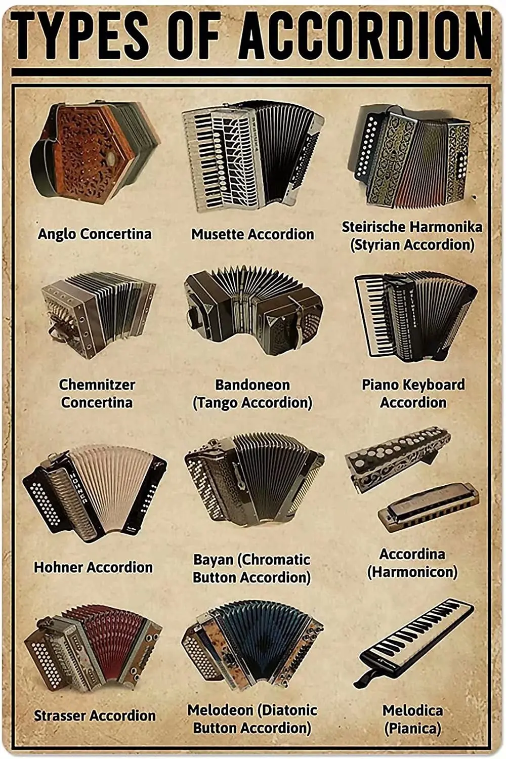 

Tin Sign-Types Of Accordion- Fun World Education Science Classroom Infographic Tin Sign Great Retro Gifts and Decorative Door Wa