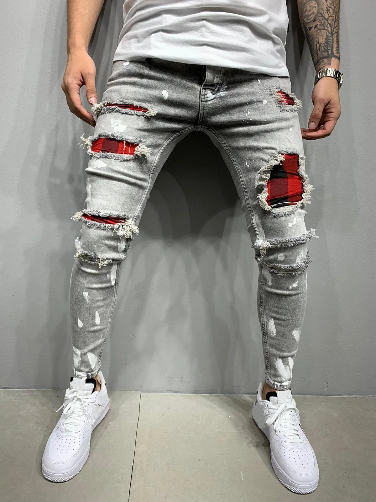 Men's Ripped Skinny Jeans Patchwork Grid Stretch Casual Denim Pencil Pants Man Fashion Paint Painting Jogging Trousers Male