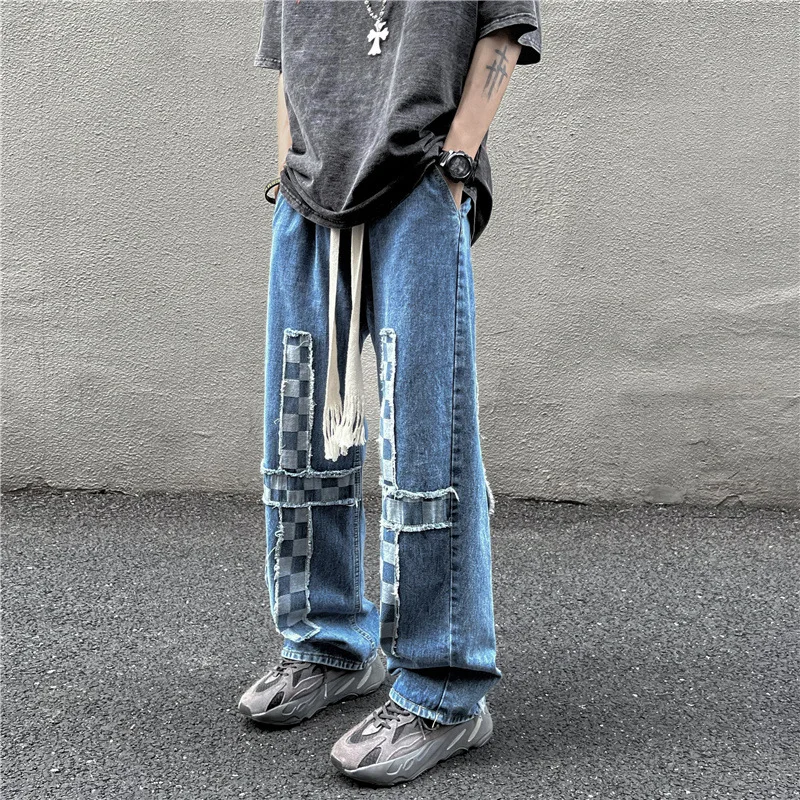 

2023 Fashion Retro Korean Style High Street Embroider Straight Baggy Men Denim Trousers Lattice Casual Wide Leg Pants Streetwear