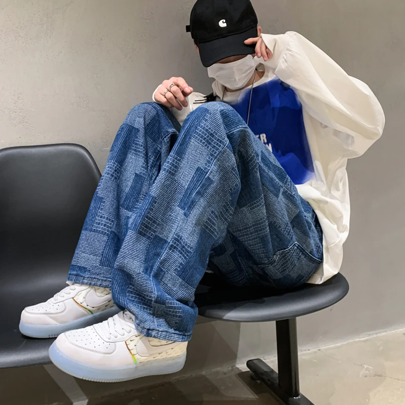 

Blue Black Baggy Jeans Men Fashion Retro Casual Wide-leg Jeans Mens Streetwear Loose Hip-hop Straight Denim Trousers Men M-5XL