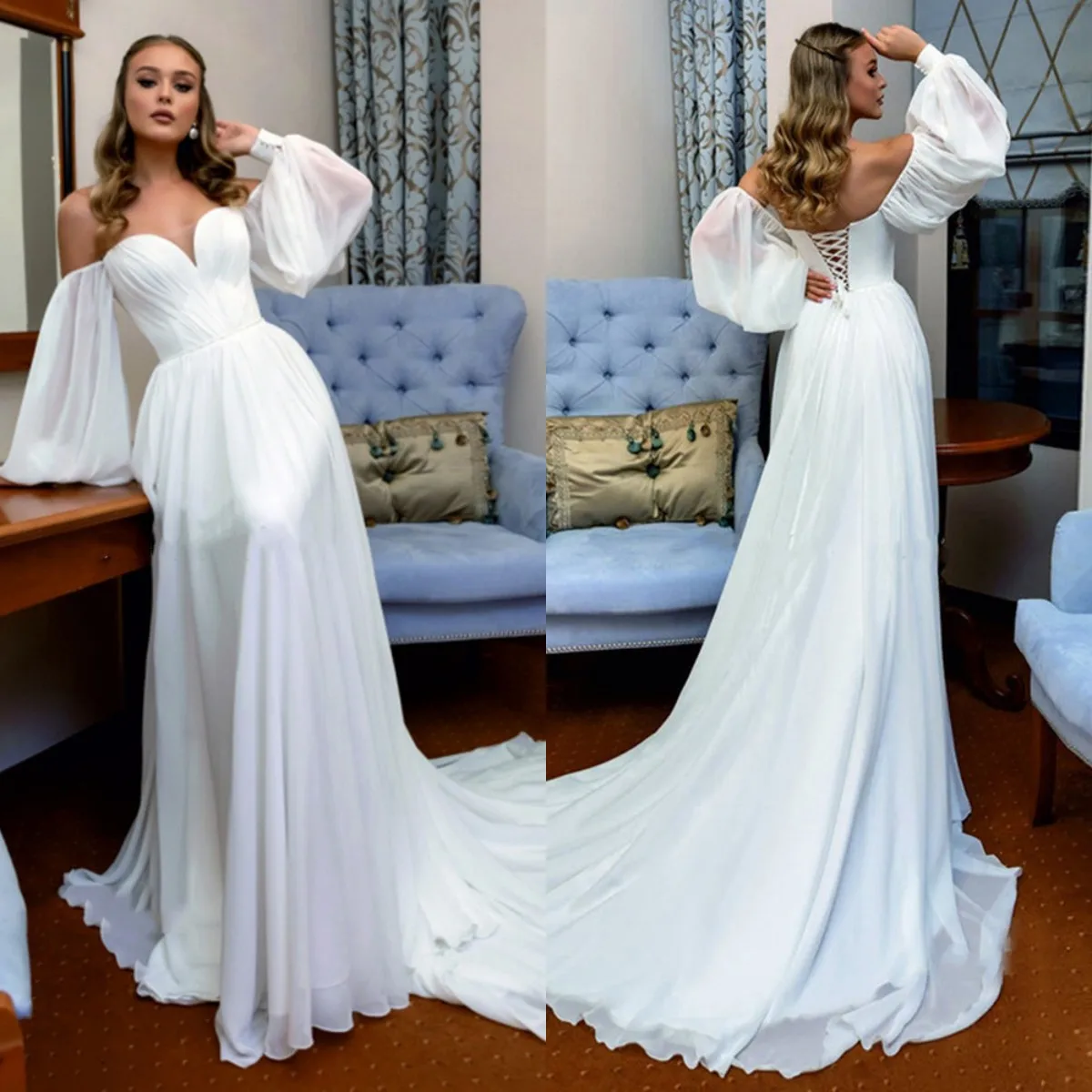 

Boho Beach Elegant Bridal Dress robes Wedding Dress Sweetheart Wedding Gown Long Puffy Sleeves White Ivory de mariée sirène
