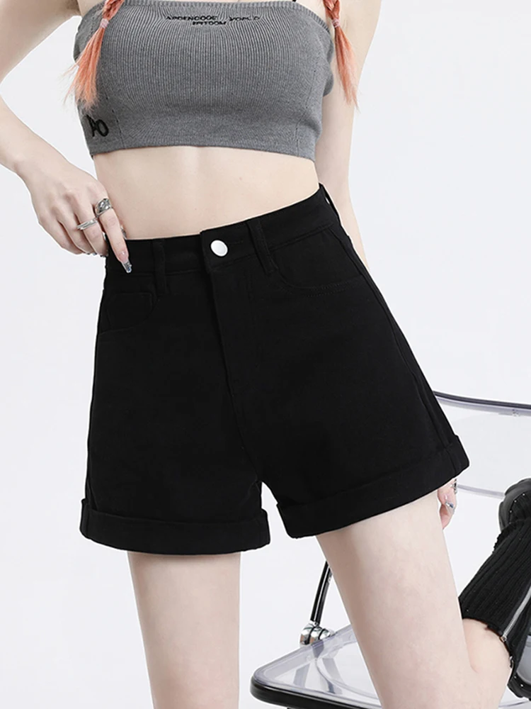 New Spring Summer Women High Waist Button Loose Fit Denim Shorts Casual Female Button Classic Black Jeans Shorts