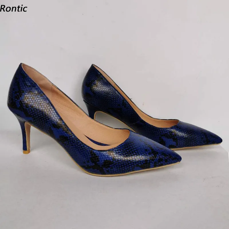 

Rontic Handmade Women Pumps Snake Pattern 7.5cm Thin Heels Pointed Toe Pretty Blue Grey Dress Shoes US Size 5-13