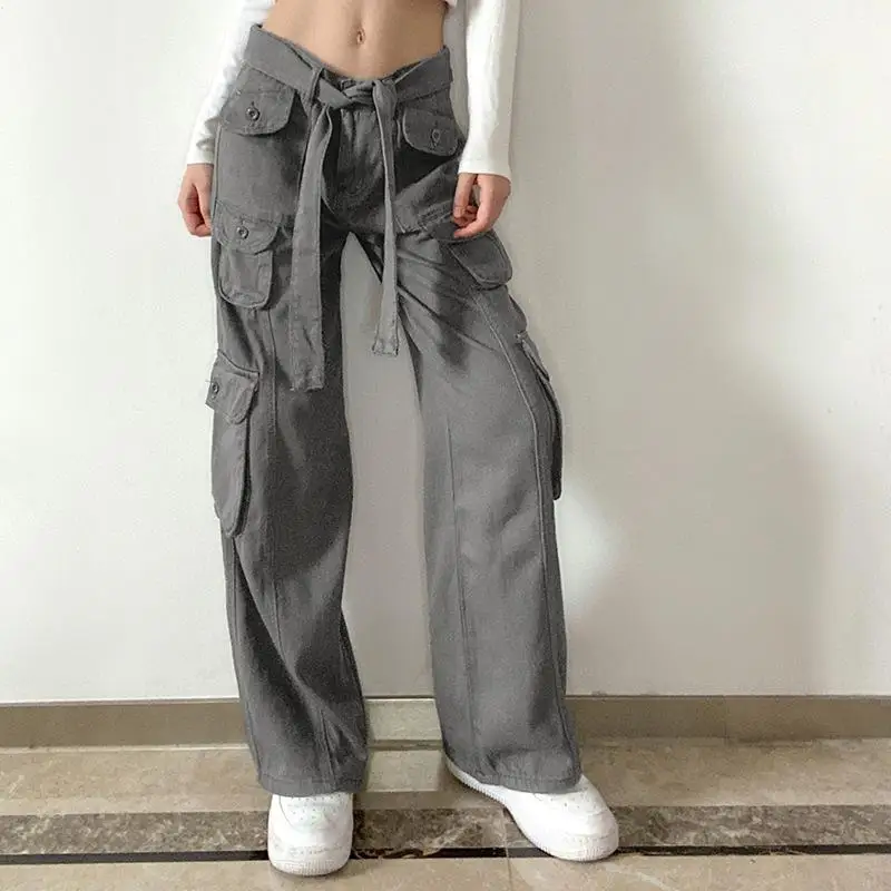 

Street Hipster Women's Casual Loose Drawstring Belt High Waist Pocket Grey Wide Leg Pants