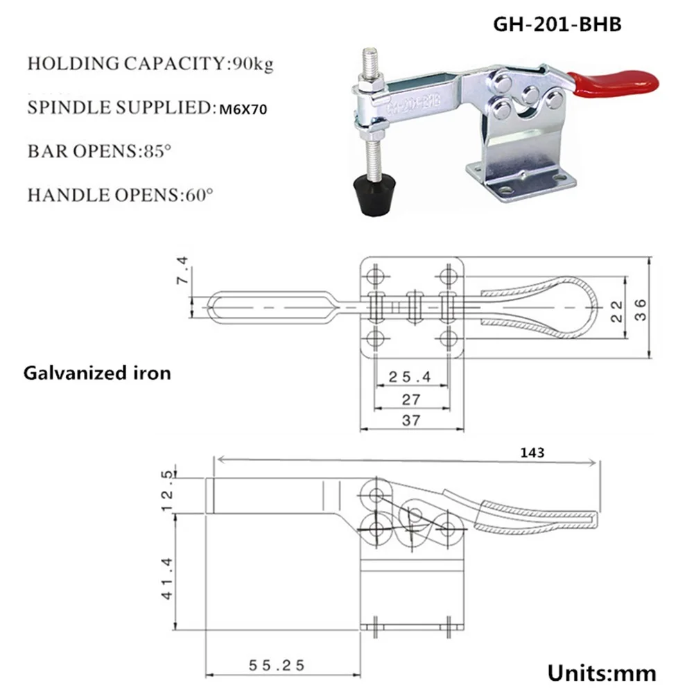 

1 Pcs Toggle Clamp Heightened GH-201BHB Quick Release Tool Quick Fixture Toggle Clamp 90Kg 198Lbs Woodworking Accessories