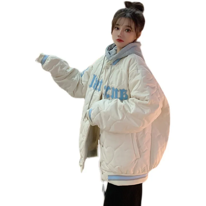 Hooded Jacket Love Embroidery Retro Baseball Uniform Women's Jacket Spring Autumn Winter Loose Cotton Clothes Cotton Clothes