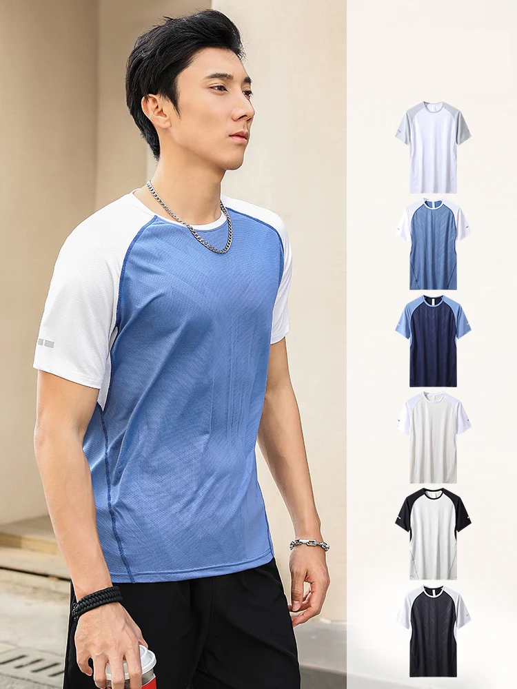 Fashion Summer Sports T-shirt Mens Short Loose Patchwork Casual Collision Colour Breathable Quick Dry Running Fitness Sportswear