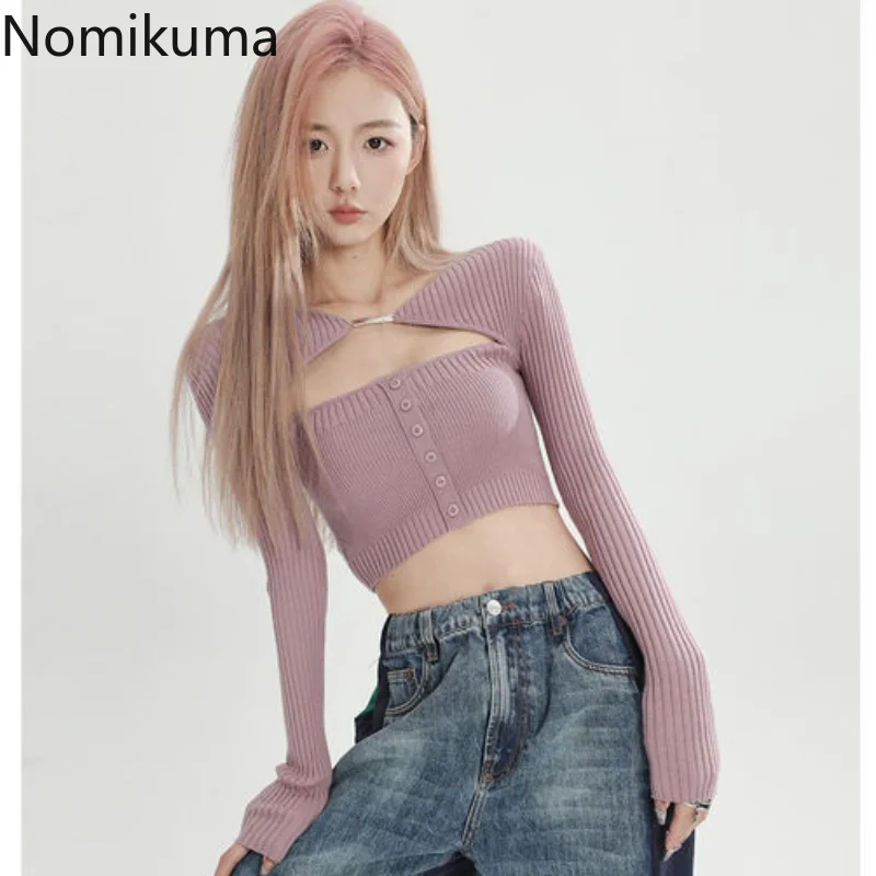 

Свитер Nomikuma, Женский вязаный пуловер с высокой талией на весну и осень, женские сексуальные элегантные модные милые укороченные свитера
