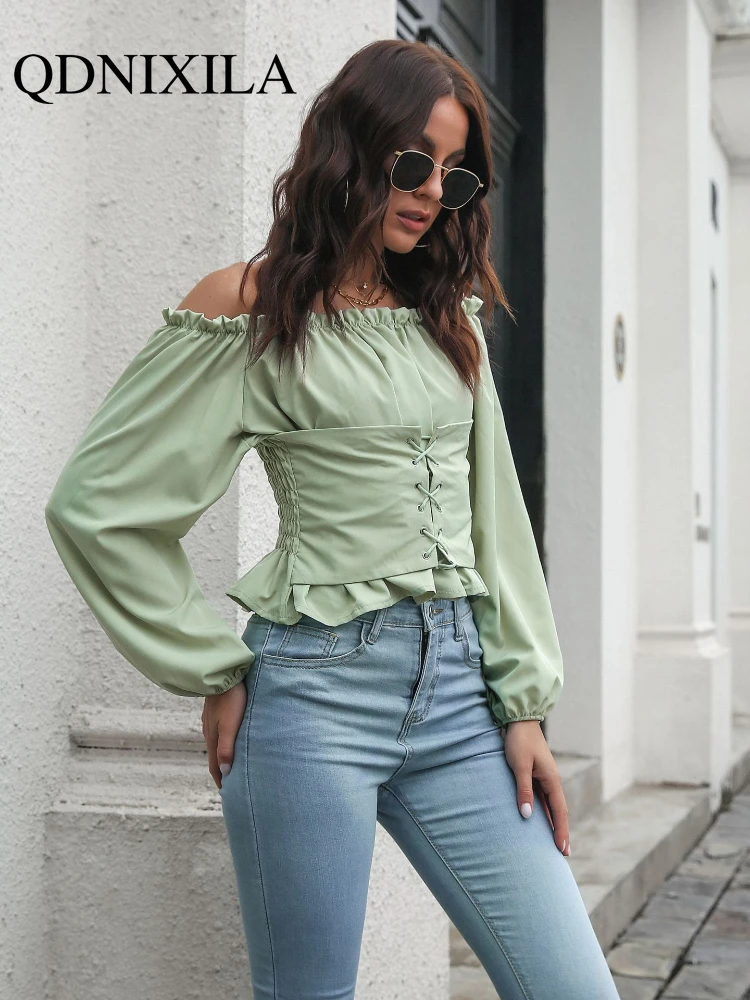 Новая короткая женская блузка с рукавами-фонариками и воротником на талии