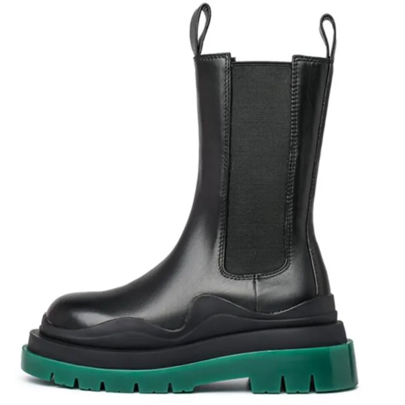 's Chelsea Boots Genuine Leather Women Chunky Boot Black Luxury Mans Footwear