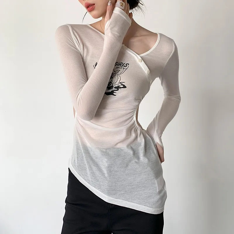 

Сексуальная Дизайнерская Женская Асимметричная футболка с длинным рукавом, Женская облегающая футболка с вырезами, облегающая уличная оде...