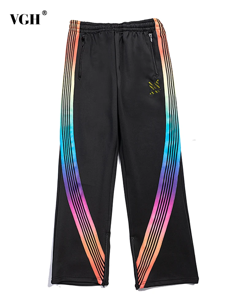 

VGH Colorblock Striped Casual Wide Leg Pants For Women High Waist Patchwork Butterfly Embroidery Trousers Female Fashion Style