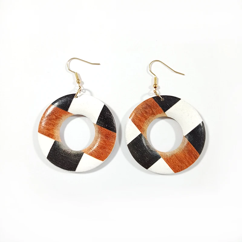 

Women Wooden Printing Annulus Earrings Ladies Retro Ethnic Casual Boutique Jewelry Earwear Girls Gift Oorbellen Aretes