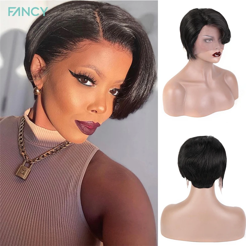 Fancy Short Pixie Cut Human Hair Wig Brazilian Remy Hair Natural Wig Side Straight Lace Front Human Hair Wigs for Black Women