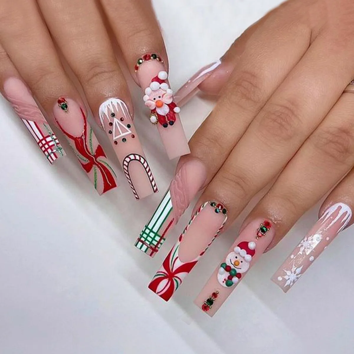 

3D fake nails accessories for christmas Santa Claus snow flakes cute cartoon long conffin tips faux ongles press on false nail