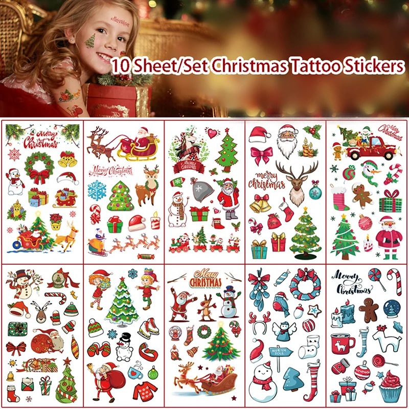 

10 Sheets Children Cartoon Christmas Tattoo Sticker Santa Claus Snowman Waterproof Temporary Stickers Fake Face Arm Stickers