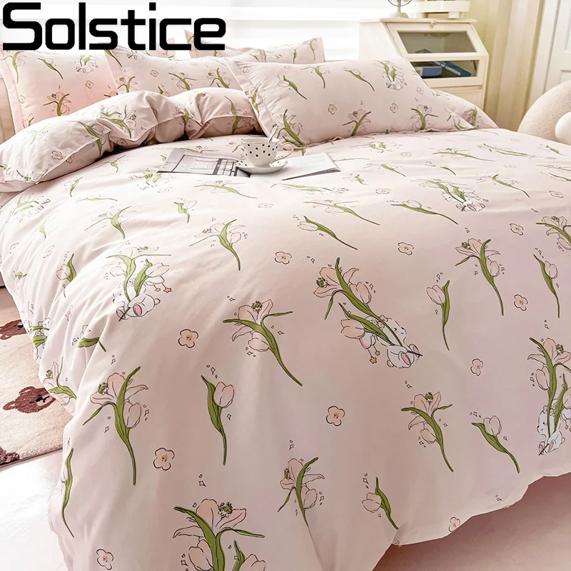 

Solstice Home Textile King Queen Bedding Sets Girls Kid Teen Bed Linens Pink Pastoral Style Duvet Cover Pillowcase Flat Sheet