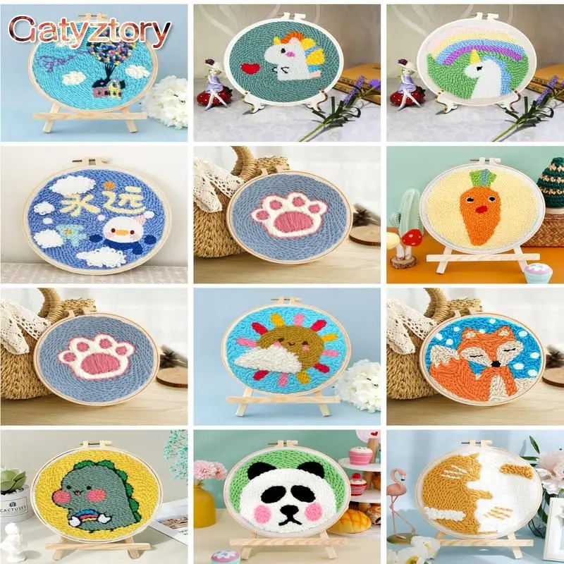 

GATYZTORY Diy Punch Needle Embroidery Starter Kits For Beginner Kids Cartoon Handicrafts Poking Embroidery Yarn Painting Arts