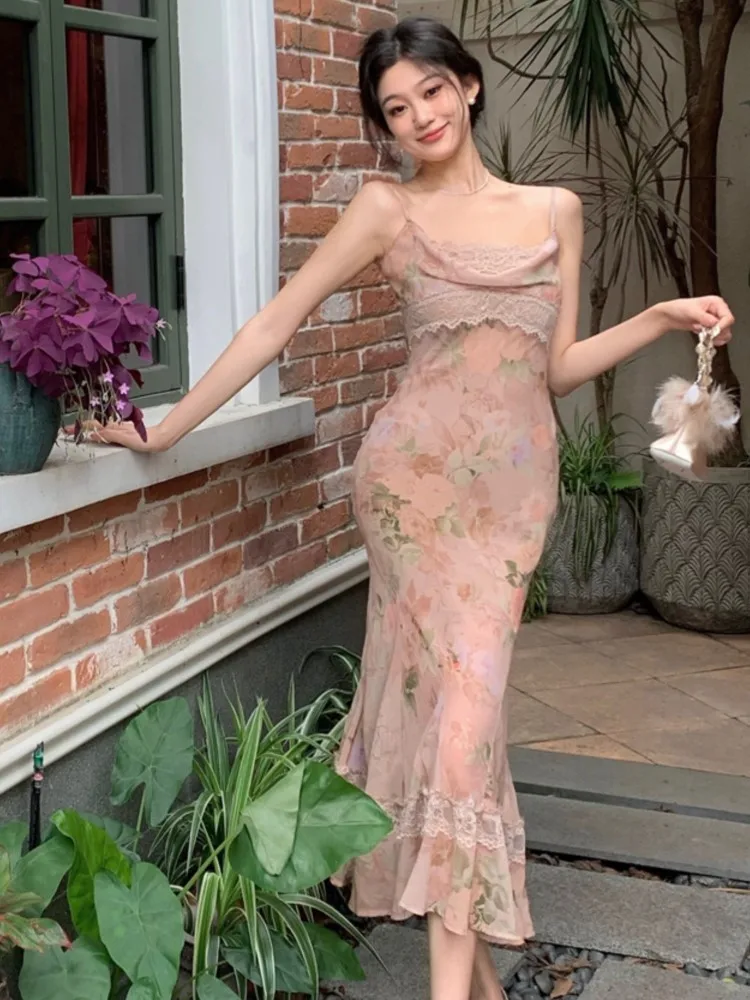 

Женское облегающее платье-Русалка, летнее элегантное вечернее платье с цветочным принтом, женское винтажное платье на бретелях с воротником-стойкой, одежда