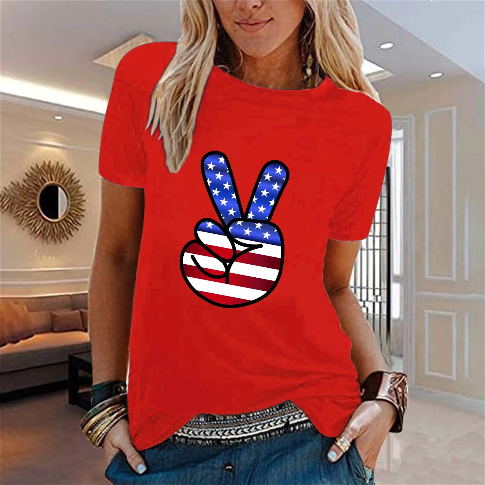 

Womens Casual Blouses Short Sleeve Women's Casual Independence Day Printed T Shirt Short Sleeved Shirt Loose Girls Long Sleeve