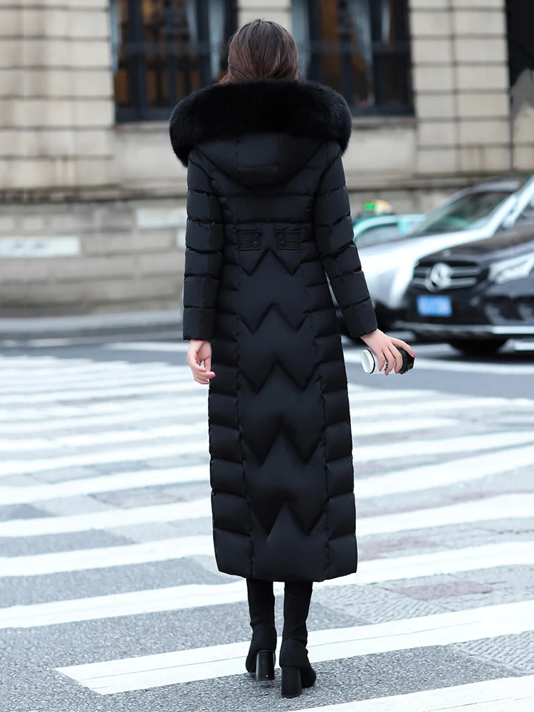 New Women Winter Down Coat Fashion Hooded Real Fox Fur Collar Lengthened Down Jacket Thicken Warm Slim White Duck Down Overcoat
