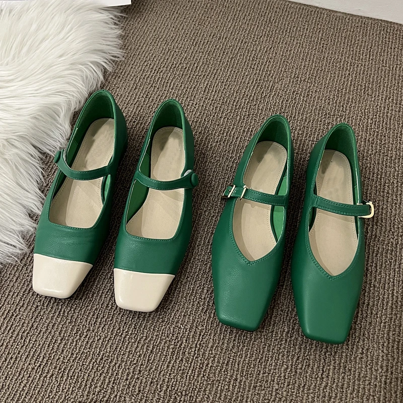 

New Fashion Green Shoes Women Casual Ballet Flats Comfortable Soft Sole Square Toe Mary Jane Shoes Cute Ladies Ballerina Shoes