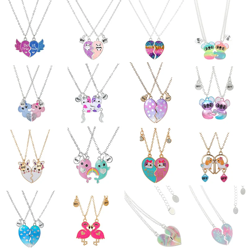 

2Pack Unicorn Cat Flamingo Koala Heart Pendant Best Friend Girl BFF Necklace for Kids Children Girls Friendship Jewelry Gifts