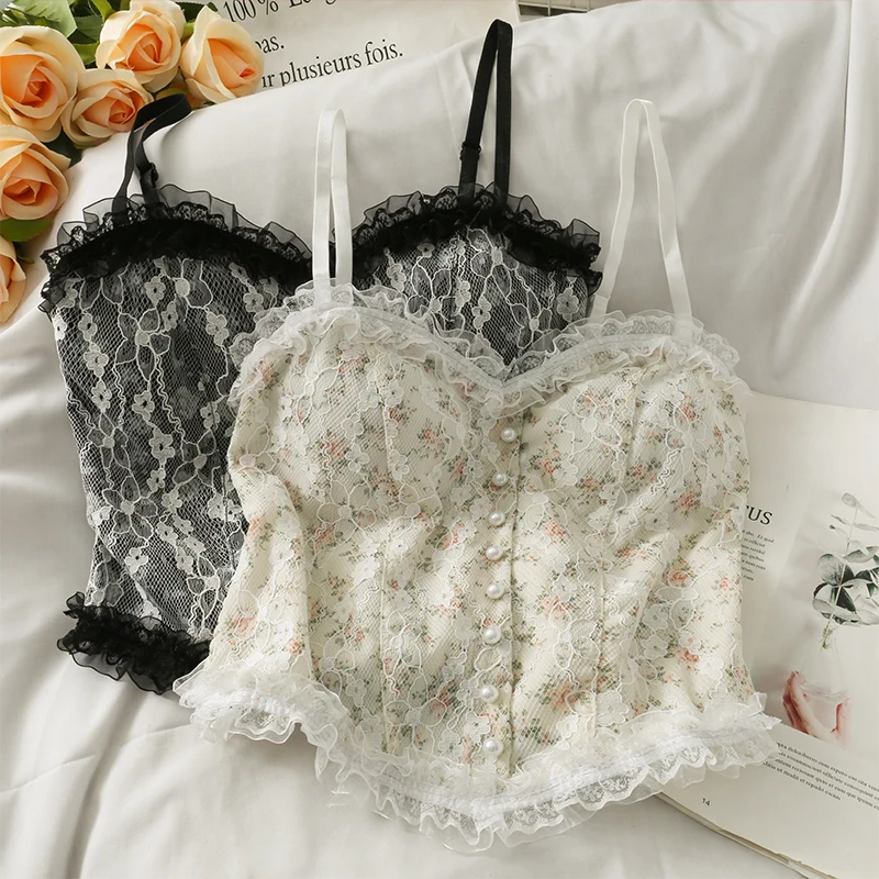 

2022 Summer French Print Lace Cami Crop Tank Top Camisole Women's Tube Top Elegant Slim Short Tanks Vest Y2k Fashion Streetwear