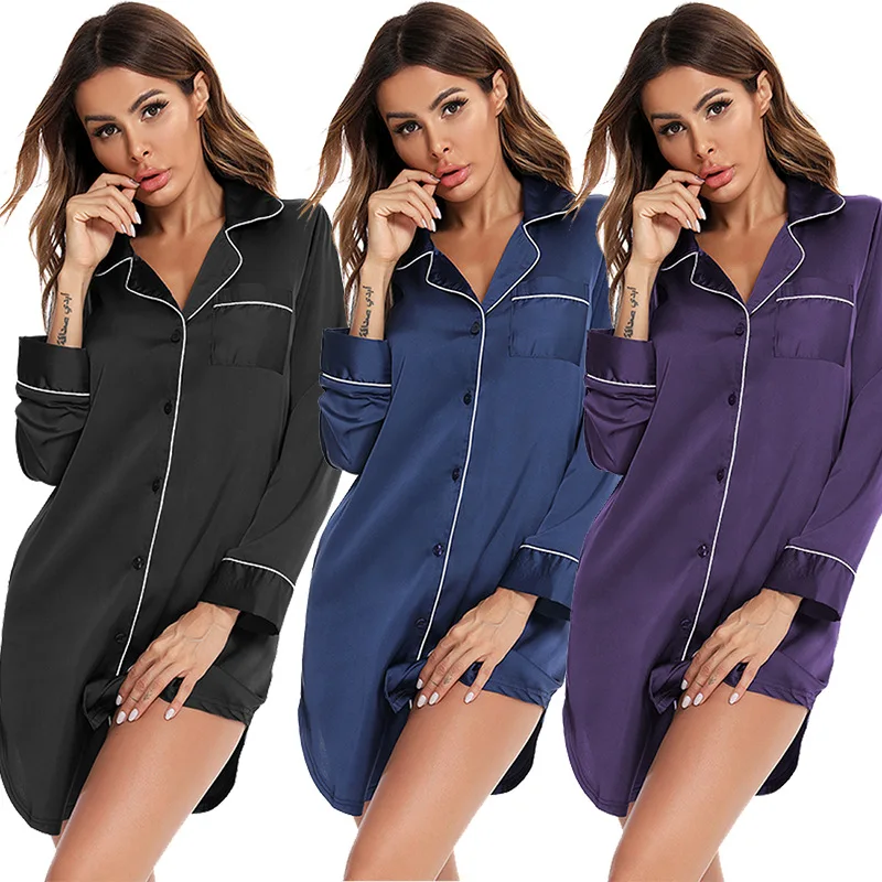 Summer Ladies Nightdress Long Sleeve Thin Faux Silk Loose Homewear Women Sleepwear Night Gown Womens Nightgown Sleep Tops