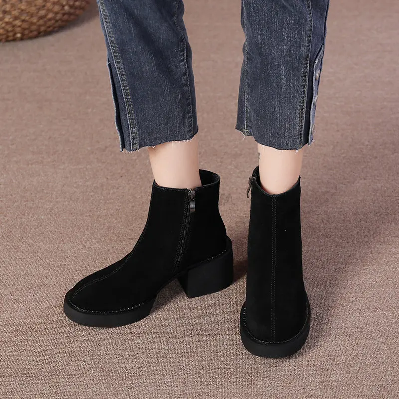 2023 Thick Heels Women Ankle Boots Mature Concise Cow Suede Leather Shoes Woman Autumn Winter Office Ladies Casual Classic