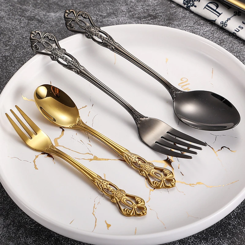 

European Classical Pattern Fork Knife Teaspoon Tableware Hollowed 410 Stainless Steel Classy Household Kitchen Retro Dinnerware