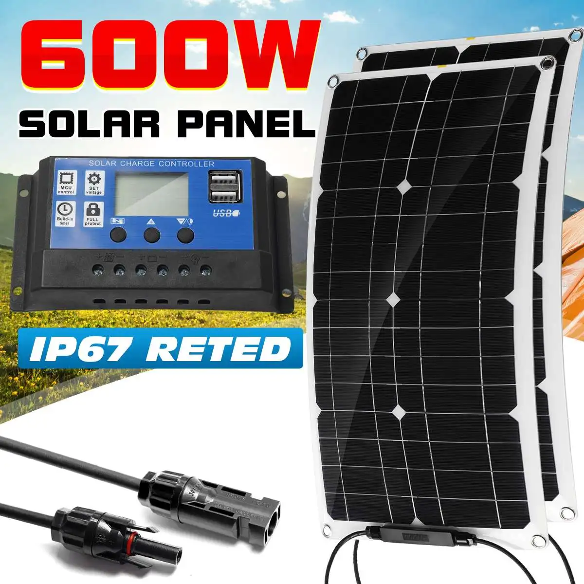 

600W Solar Panel Kit 12V USB Charging Solar Cell Board for Phone RV Car MP3 PADWaterproof Outdoor Battery Supply 30A Controller