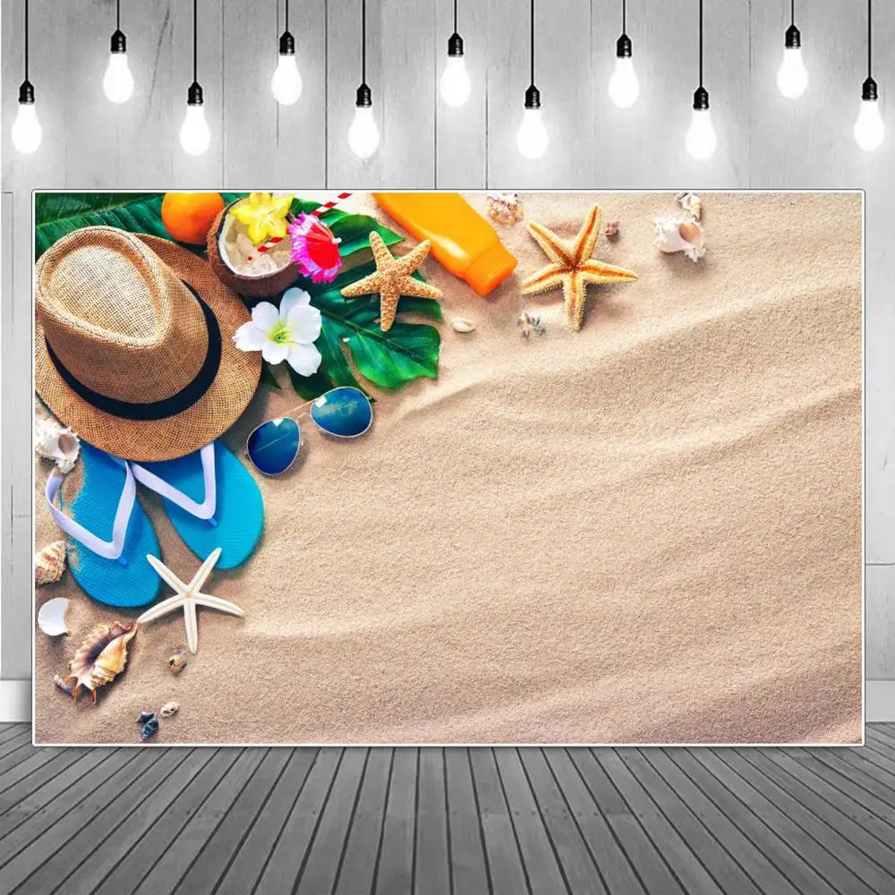 

Seaside Sand Photography Backgrounds Summer Beach Travel Seastars Shells Slippers Hat Vacation Backdrops Photographic Portrait