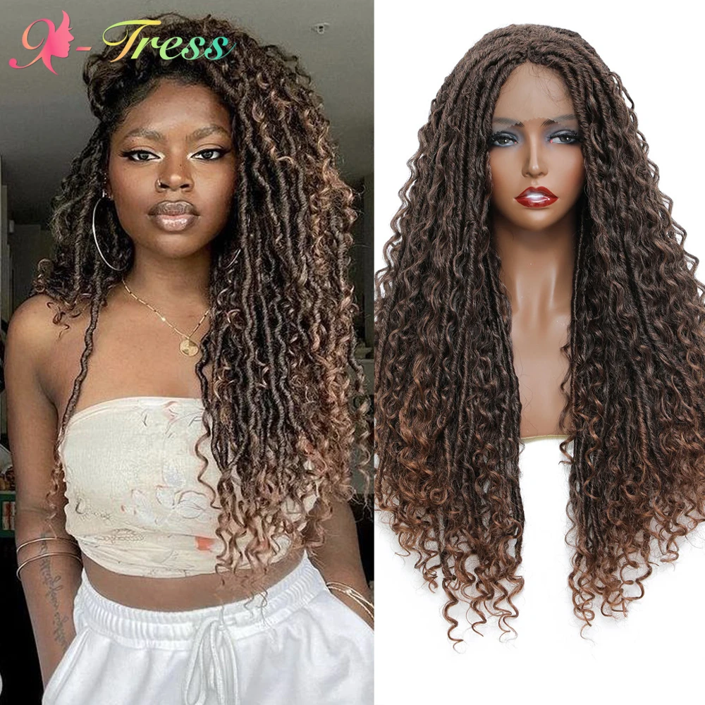 

X-TRESS Curly Faux Locs Synthetic Braided Wigs for Black Women Ombre Brown Middle Part Lace Front Wig Dreadlock Crochet Braids