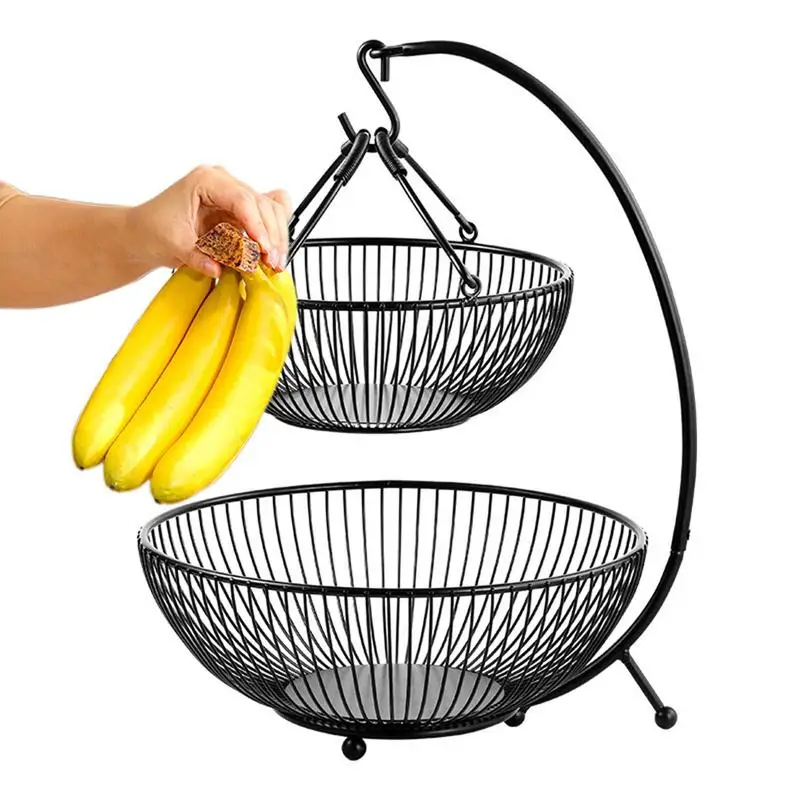 

Fruit Vegetable Basket Two Tiered Holder Portable Wooden Handle Double Layers Shelf And Hanging Basket Household Accessories