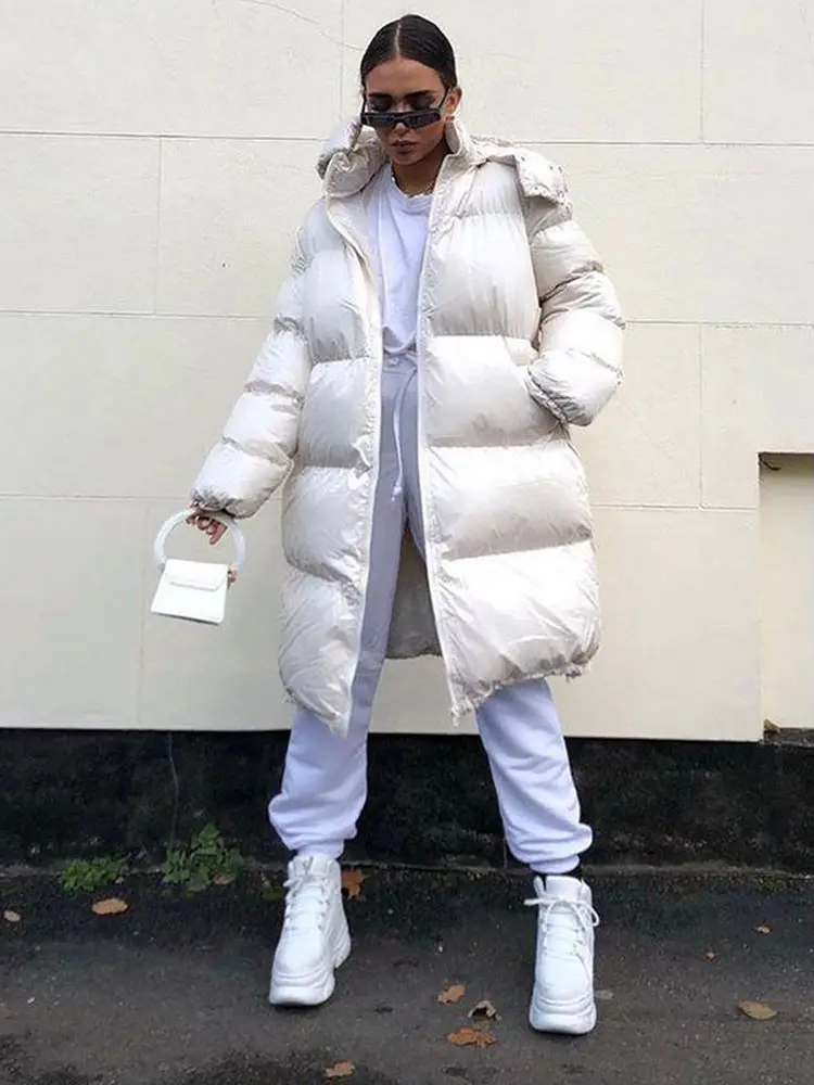 Winter Fashion White Long Hooded Puffer Coats for Women 2022 Casual Zipper Thick Warm Bubble Down Jackets Long Parkas Streetwear