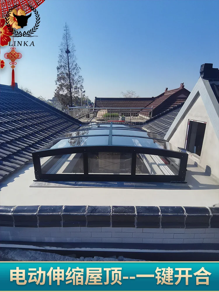 Customized electric sun room ceiling retractable roof smart glass folding push-pull mobile patio roof