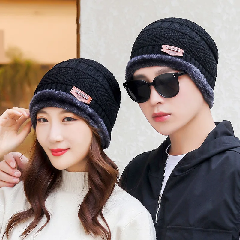 Simple Men Women Hat Winter Youth Warm Thick Knitted Wool Hat Solid Color Knitted Scarf Ear Protection Warm Riding Hat