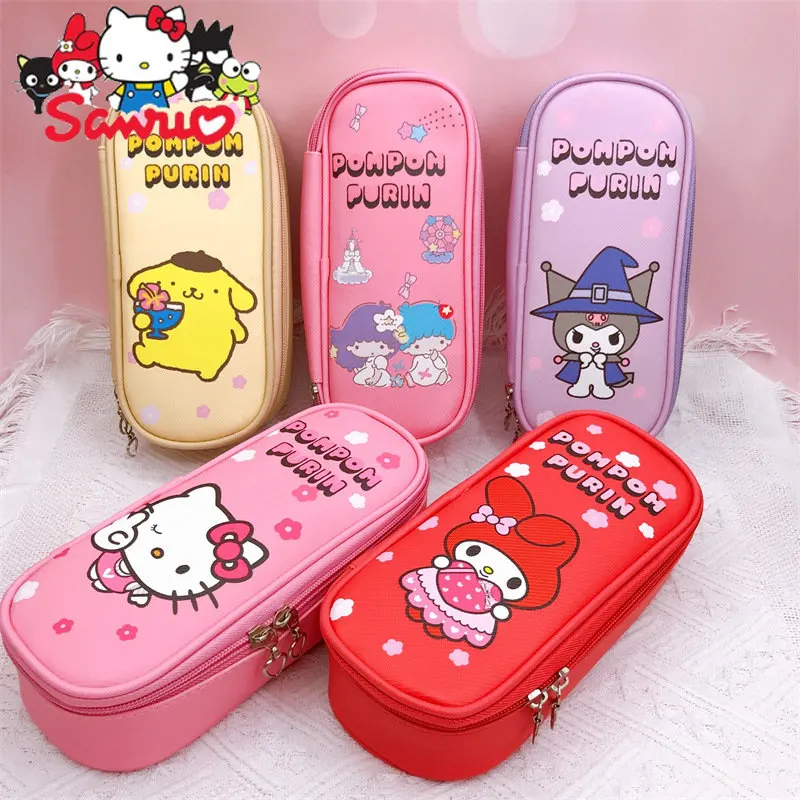 

Sanrio Melody Kuromi Hello Kitty Cartoon Double Zipper PU Pen Bag Student Large Capacity Bag Stationery Box Storage Cosmetic Bag